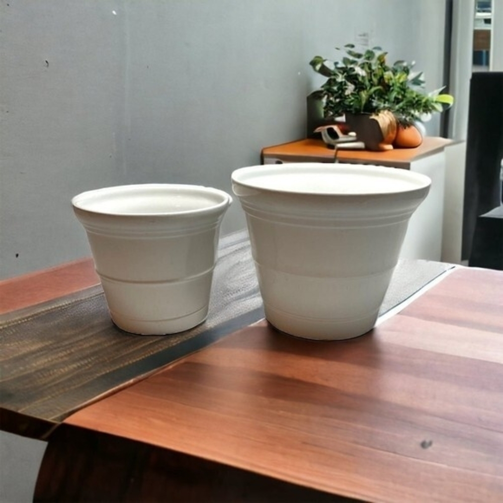 Modern White Ceramic Planters Set of 2 Horizontal Ribs 5" 4" Round Pots New